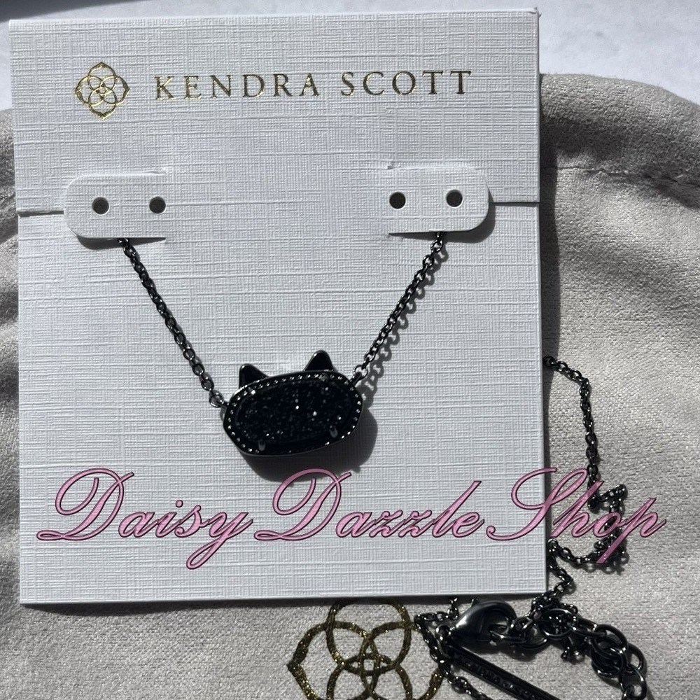 🖤✨Kendra Scott Elisa Cat Pendant Necklace Black Drusy Gunmetal New 🐈